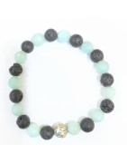 Bracelet Amazonite Facettée et Pierres de lave avec Insert Fleur de Lotus Pierres Rondes  8mm