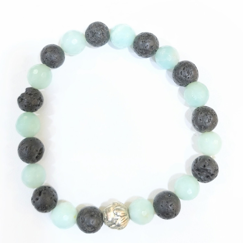 Bracelet Amazonite Facettée et Pierres de lave avec Insert Fleur de Lotus Pierres Rondes  8mm