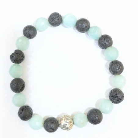 Bracelet Amazonite Facettée et Pierres de lave avec Insert Fleur de Lotus Pierres Rondes  8mm