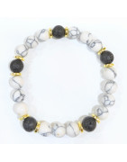 Bracelet Howlite et Pierre de Lave avec Inserts Dorés Pierres Rondes 8mm