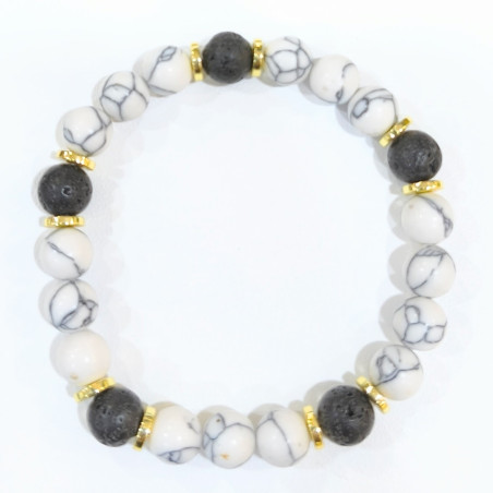 Bracelet Howlite et Pierre de Lave avec Inserts Dorés Pierres Rondes 8mm
