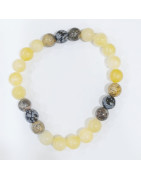 Bracelet Calcite Jaune Jaspe Paysage et Obsidienne Neige Pierres Rondes 8mm Modèle 1