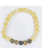 Bracelet Calcite Jaune Jaspe Paysage et Obsidienne Neige Pierres Rondes 8mm Modèle 3