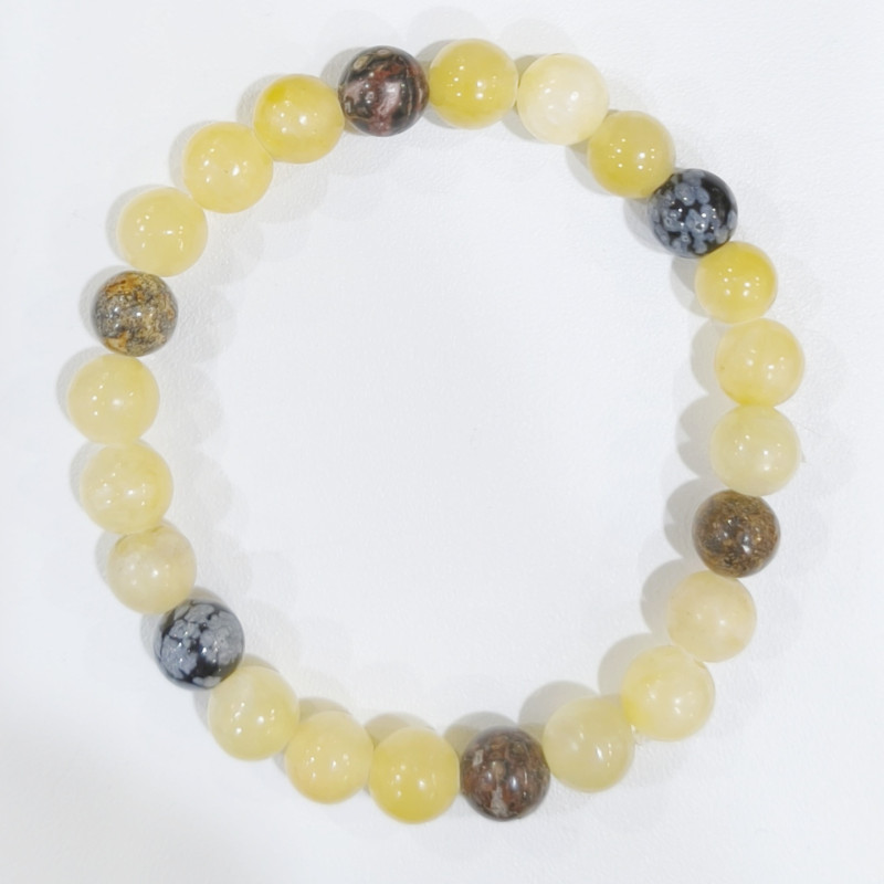Bracelet Calcite Jaune Jaspe Paysage et Obsidienne Neige Pierres Rondes 8mm Modèle 4