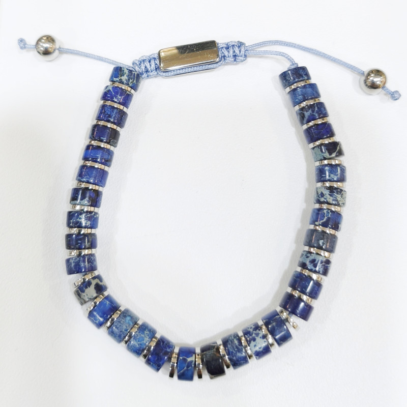 Bracelet Sodalite et Lapis-Lazuli Mini Cylindres et Inserts Cordon Réglable