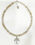 Collier Quartz Fumé Pierres Rondes 8mm Pendentif Arbre de Vie avec Inserts 42 + 4 cm