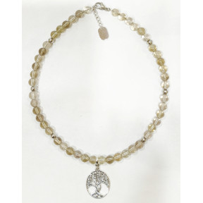 Collier Quartz Fumé Pierres Rondes 8mm Pendentif Arbre de Vie avec Inserts 42 + 4 cm