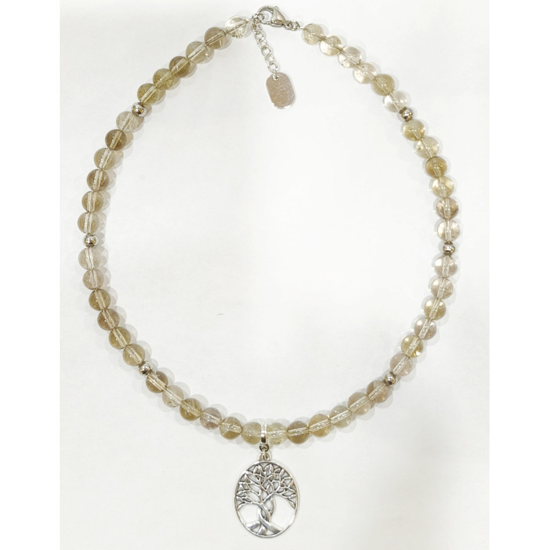 Collier Quartz Fumé Pierres Rondes 8mm Pendentif Arbre de Vie avec Inserts 42 + 4 cm