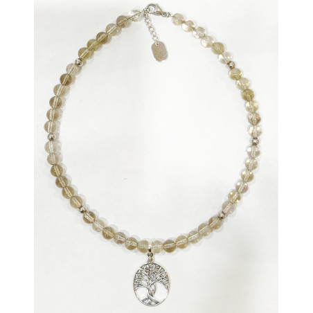 Collier Quartz Fumé Pierres Rondes 8mm Pendentif Arbre de Vie avec Inserts 42 + 4 cm
