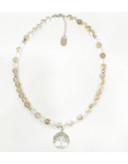 Collier Quartz Fumé et Cristal de Roche Pierres Rondes 8mm Pendentif Arbre de Vie avec Inserts 42 + 4 cm