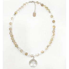 Collier Quartz Fumé et Cristal de Roche Pierres Rondes 8mm Pendentif Arbre de Vie avec Inserts 42 + 4 cm