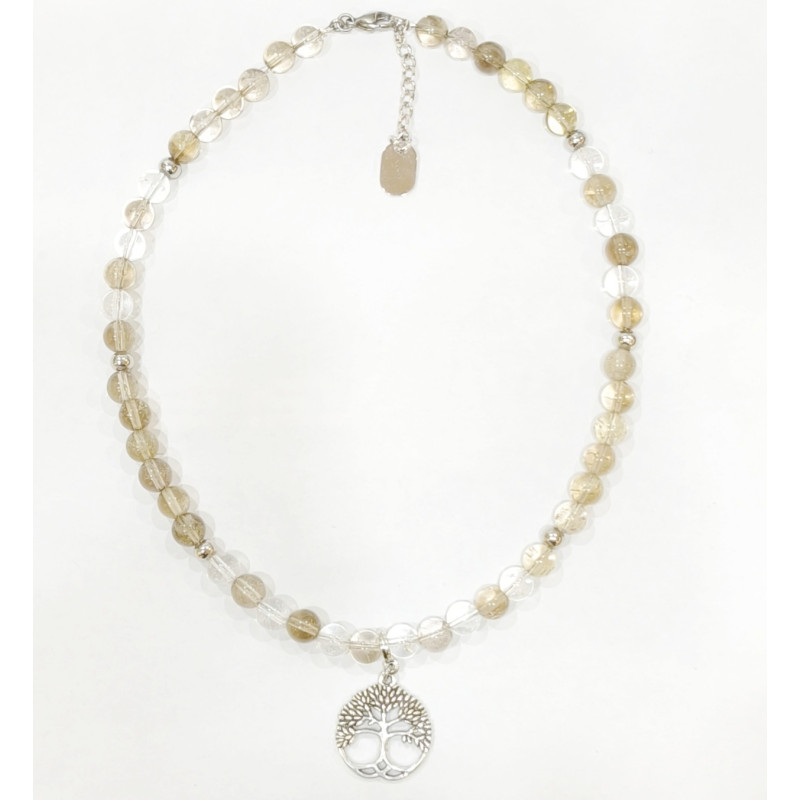 Collier Quartz Fumé et Cristal de Roche Pierres Rondes 8mm Pendentif Arbre de Vie avec Inserts 42 + 4 cm
