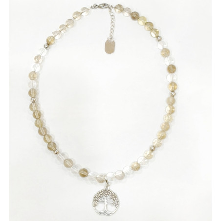 Collier Quartz Fumé et Cristal de Roche Pierres Rondes 8mm Pendentif Arbre de Vie avec Inserts 42 + 4 cm