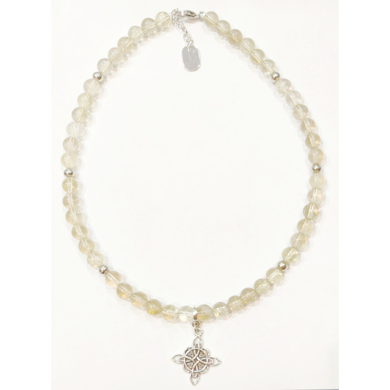Collier Quartz Fumé Pierre de 8mm avec Pendentif Nœud de Sorcières et Inserts 42 + 4 cm