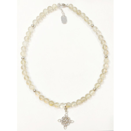 Collier Quartz Fumé Pierre de 8mm avec Pendentif Nœud de Sorcières et Inserts 42 + 4 cm