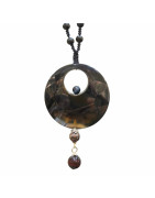Collier Obsidienne Œil Céleste Pierres Rondes 5mm et Pendentif Onyx Jaspe Pop Œil de Faucon et de Taureau