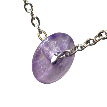 Pendentif Améthyste Donut 12mm sur Chaîne Acier Inox 44 cm