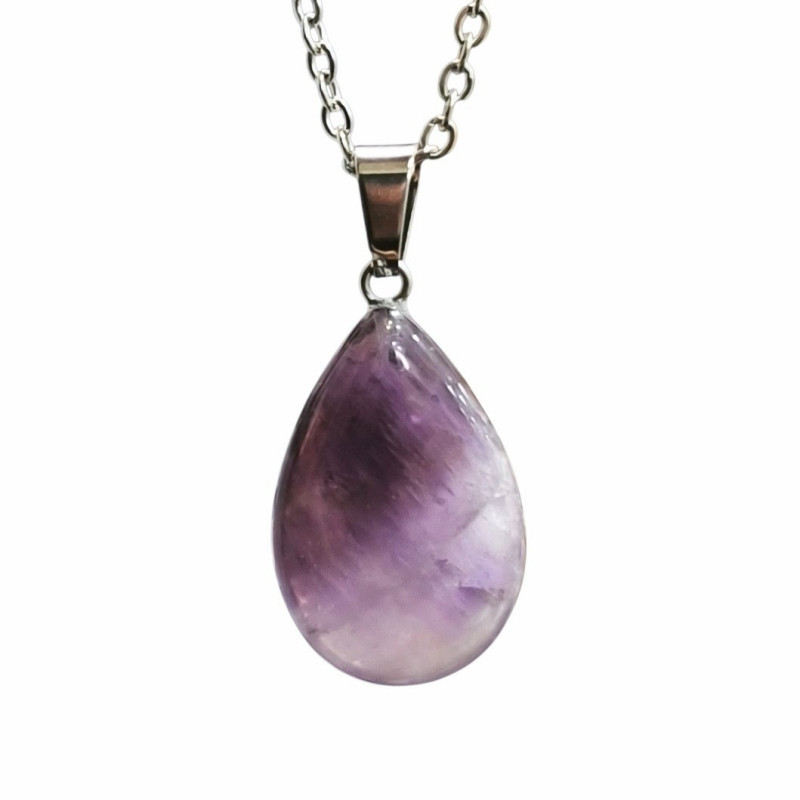 Pendentif Améthyste Clair Goutte 3 cm sur Chaîne Acier Inox 44 cm