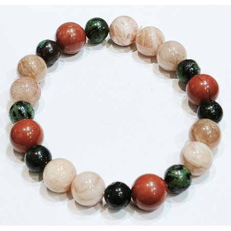 Bracelet Pierre de Lune Rose et Jaspe 10mm Rubis Zoïsite 8mm Spécial Libido