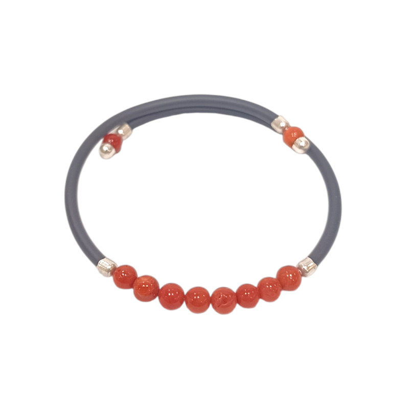 Bracelet Corail Pierre rondes 4mm & inserts Argent 925 caoutchouc
