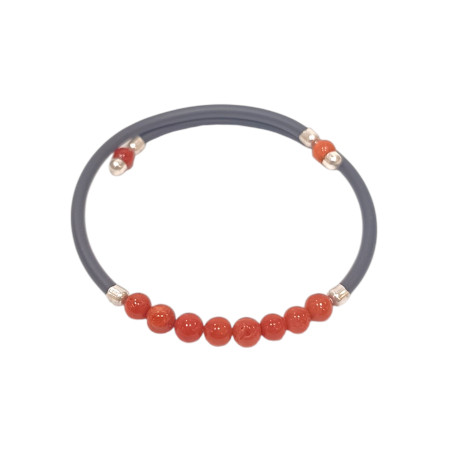 Bracelet Corail Pierre rondes 4mm & inserts Argent 925 caoutchouc
