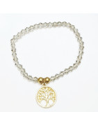 Bracelet Quartz Fumé Perles Facettées Coniques Arbre de Vie Doré