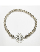 Bracelet Quartz Fumé Perles Facettées Coniques Insert Fleur de Vie