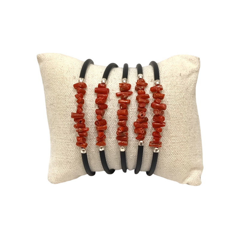 Bracelet Corail Baroque Onyx Facettée avec Insert Argent 925 Caoutchouc