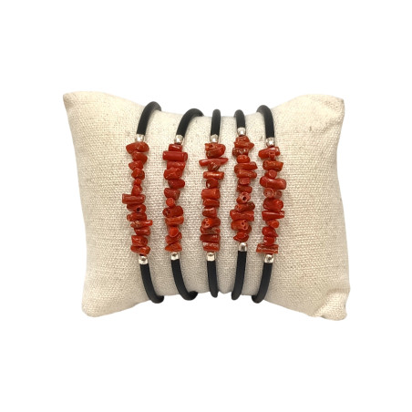 Bracelet Corail Baroque Onyx Facettée avec Insert Argent 925 Caoutchouc