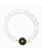 Bracelet Cristal de Roche et Insert Fleur Noire Bakélite Pierres Rondes 8mm