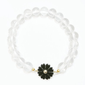 Bracelet Cristal de Roche et Insert Fleur Noire Bakélite Pierres Rondes 8mm