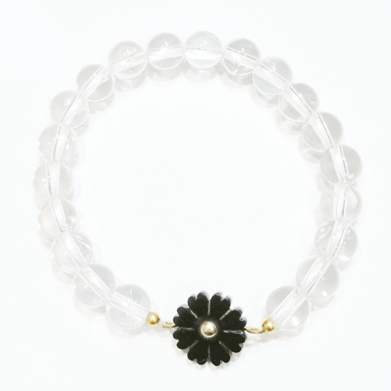Bracelet Cristal de Roche et Insert Fleur Noire Bakélite Pierres Rondes 8mm