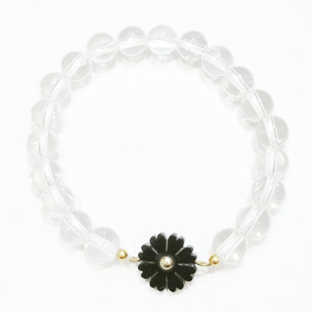 Bracelet Cristal de Roche et Insert Fleur Noire Bakélite Pierres Rondes 8mm