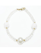 Bracelet Cristal de Roche Craquelé et Perle de Majorque 10mm Pierres facettées 4mm avec Fermoir Doré 18 cm