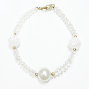 Bracelet Cristal de Roche Craquelé et Perle de Majorque 10mm Pierres facettées 4mm avec Fermoir Doré 18 cm