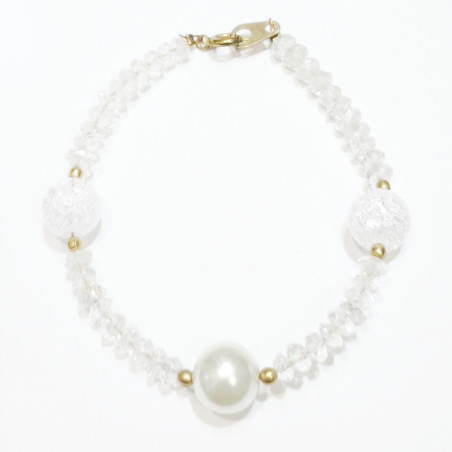 Bracelet Cristal de Roche Craquelé et Perle de Majorque 10mm Pierres facettées 4mm avec Fermoir Doré 18 cm
