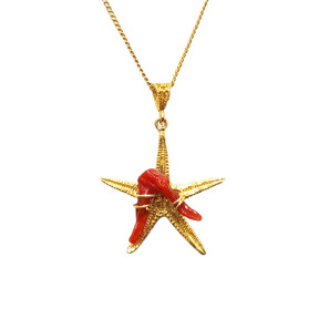 Pendentif Corail Baroque Etoile de Mer Argent 925 Plaqué Or avec Chaîne 40cm Acier Plaqué Or