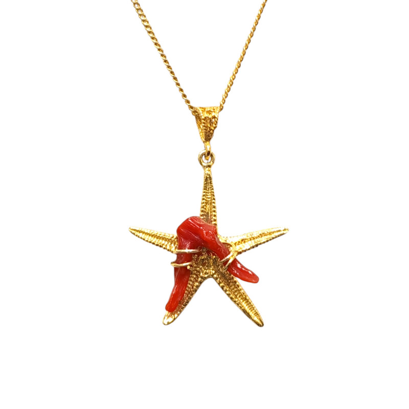 Pendentif Corail Baroque Etoile de Mer Argent 925 Plaqué Or avec Chaîne 40cm Acier Plaqué Or