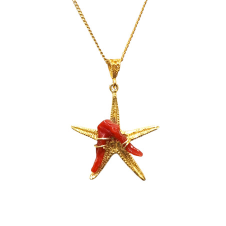 Pendentif Corail Baroque Etoile de Mer Argent 925 Plaqué Or avec Chaîne 40cm Acier Plaqué Or