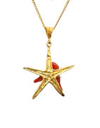 Pendentif Corail Baroque Etoile de Mer Argent 925 Plaqué Or avec Chaîne 40cm Acier Plaqué Or