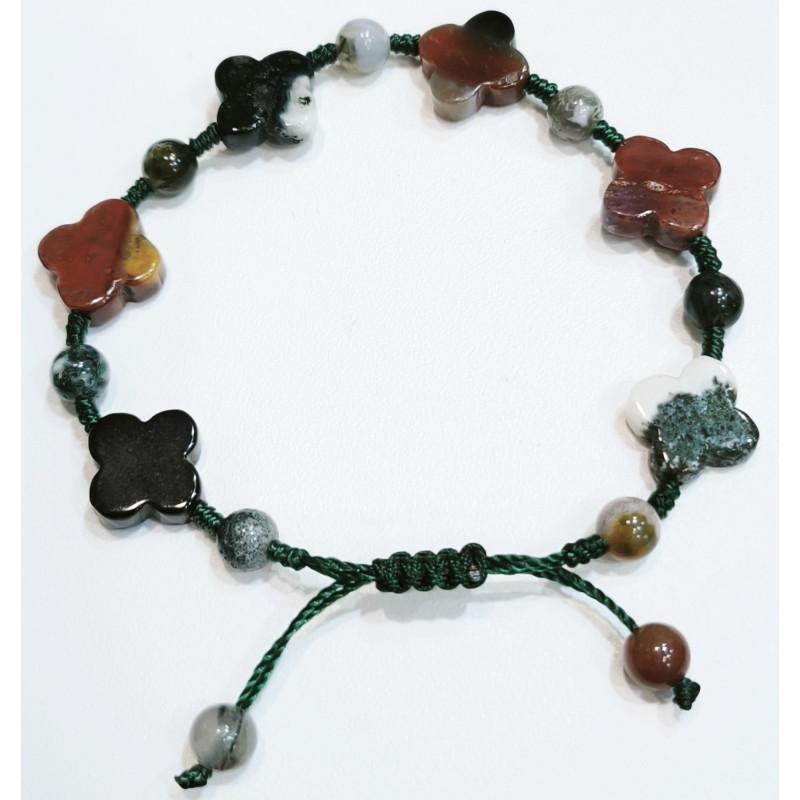 Bracelet Agate Mousse et Jaspe Bréchique Trèfles sur Cordon Vert