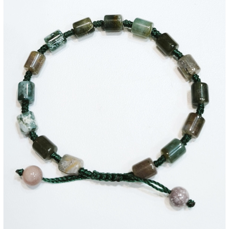 Bracelet Agate Mousse Cylindres 12mm sur Cordon Vert