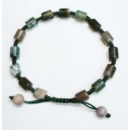 Bracelet Agate Mousse Cylindres 12mm sur Cordon Vert