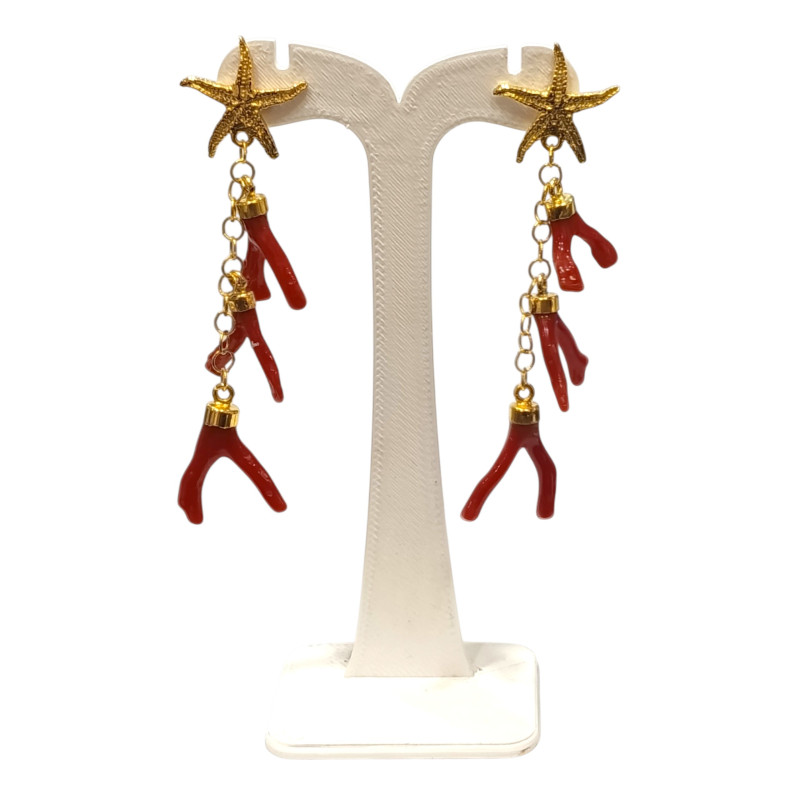 Boucles Corail Baroque Etoile de Mer Argent 925 Plaqué Or Pendantes