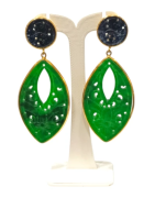 Boucles Jade Vert et Noir Ciselées Navette Argent 925 Plaqué Or