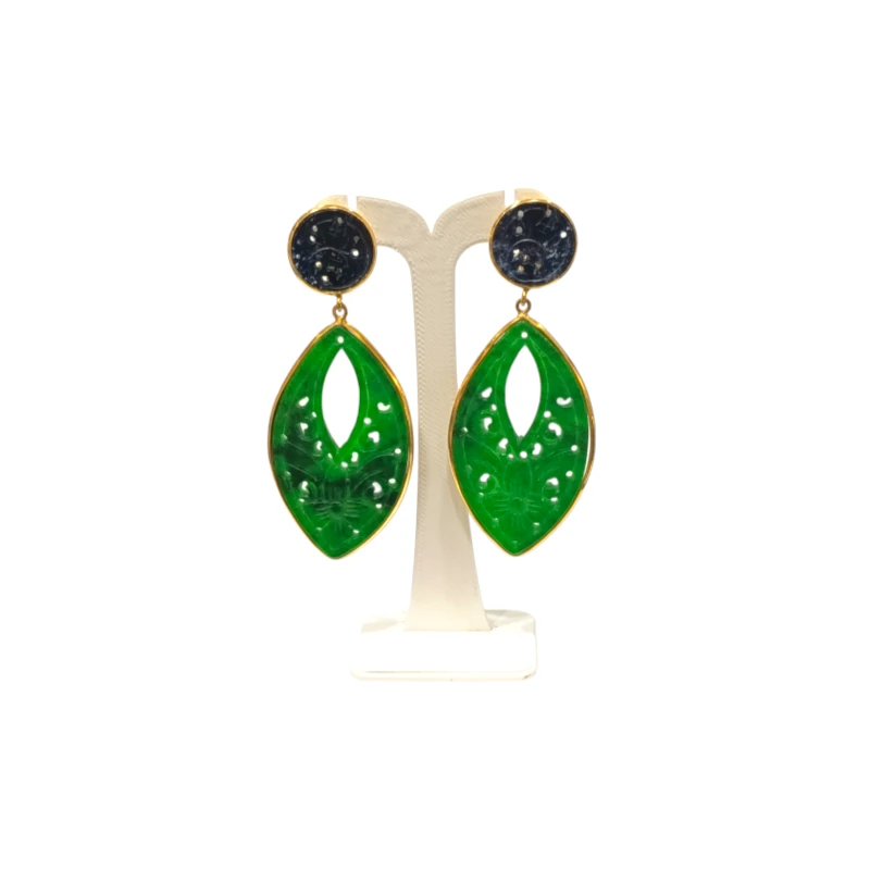Boucles Jade Vert et Noir Ciselées Navette Argent 925 Plaqué Or