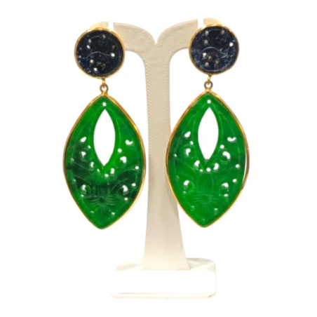 Boucles Jade Vert et Noir Ciselées Navette Argent 925 Plaqué Or