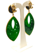 Boucles Jade Vert et Noir Ciselées Navette Argent 925 Plaqué Or