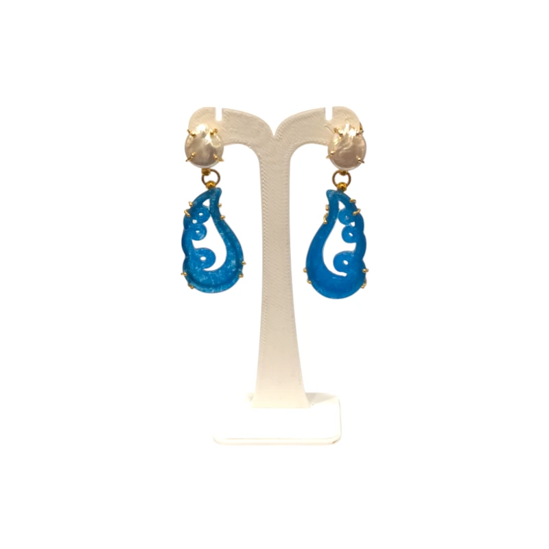 Boucles Jade Bleu et Perles d'Eau Douce Ciselé Aile d'Ange Argent 925 Plaqué Or