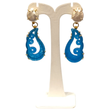 Boucles Jade Bleu et Perles d'Eau Douce Ciselé Aile d'Ange Argent 925 Plaqué Or